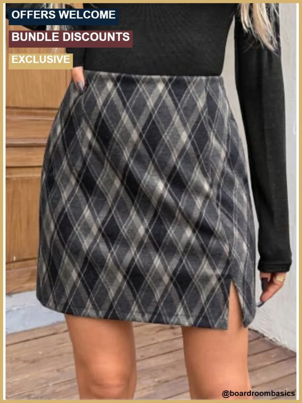 High Waist Plaid A-Line Mini Skirt with Pockets Side Slit Elastic Waistband